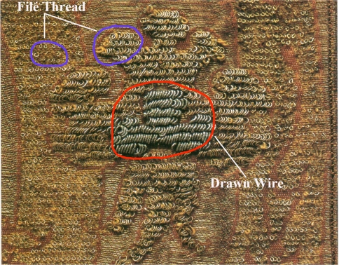 Detail of frisé cloth with loops of both gold drawn wire & filé thread (Florence, mid-16thC) (OrsiLandini2005, pg. 186)